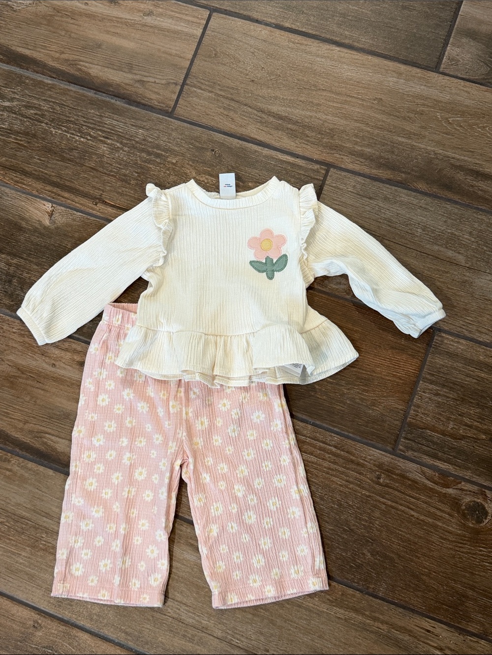 Cream Top with Pink Flower Appliqué with Floral Bottoms